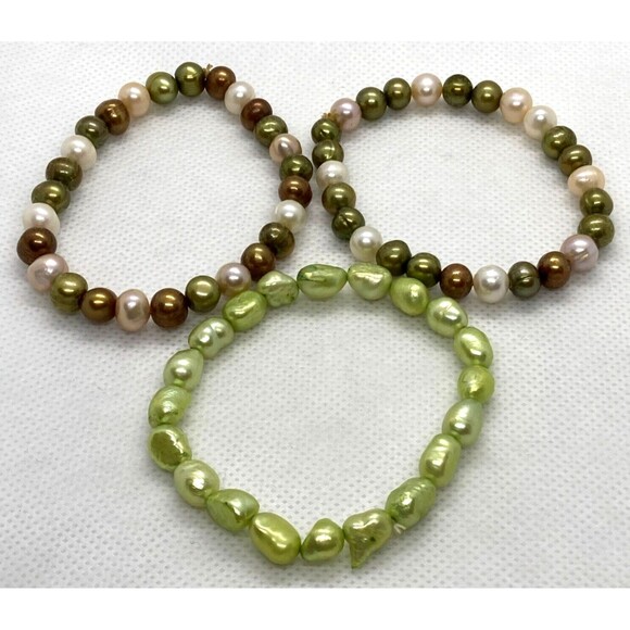 Freshwater Pearl Strand Stretchy Bracelet Lot of (3) Green‎ White Brown 7-7.5'' - Picture 1 of 6